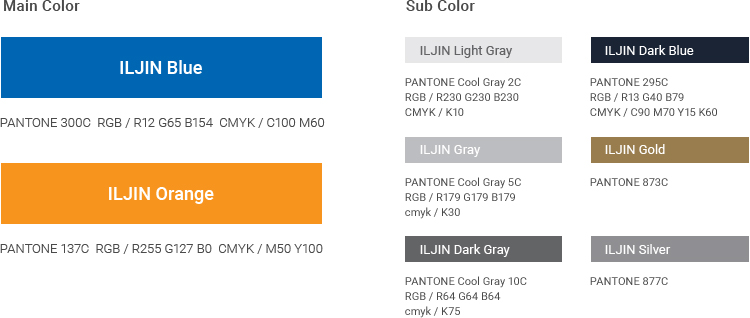 main color(ILJIN Blue, ILJIN Orange) & sub color(ILJIN Light gray, ILJIN Gray, ILJIN Dark gray, ILJIN Dark blue, ILJIN Gold, ILJIN Silver) of ILJIN CI